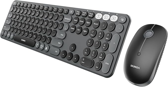 seenda Wireless Bluetooth Keyboard Mouse Combo, COE202 Retro Cute Round Keyboard, Silent Mouse, 3 Multi-Device Connection, Full Size Compatible for PC/Laptop/Mac/MacBook/iPad/Tablet, Black