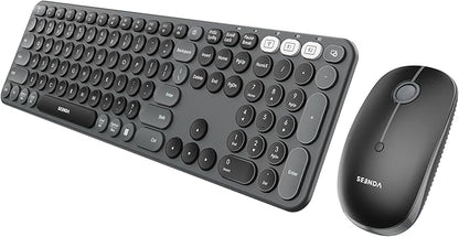 seenda Wireless Bluetooth Keyboard Mouse Combo, COE202 Retro Cute Round Keyboard, Silent Mouse, 3 Multi-Device Connection, Full Size Compatible for PC/Laptop/Mac/MacBook/iPad/Tablet, Black