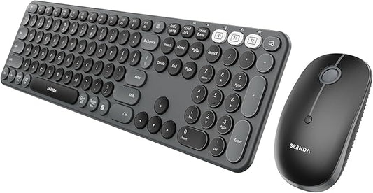 seenda Wireless Bluetooth Keyboard Mouse Combo, COE202 Retro Cute Round Keyboard, Silent Mouse, 3 Multi-Device Connection, Full Size Compatible for PC/Laptop/Mac/MacBook/iPad/Tablet, Black