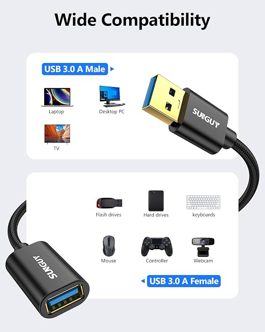 SUNGUY 5Gbps USB 3.0 Extension Cable, 3FT USB A Male to Female Extender Cord, Braided High Data Transfer Compatible with Xbox, Hard Drive, Webcam, USB Keyboard, Mouse, Flash Drive, Oculus VR, Black