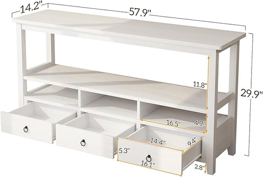 Karl home Console Table with 3 Bottom Drawers, 57.9" W Sofa Side Table Entryway Desk with 3 Storage Cubbies 1 Open Shelf, Vintage TV Stand for Hallway Living Room Office, White 29.9" H
