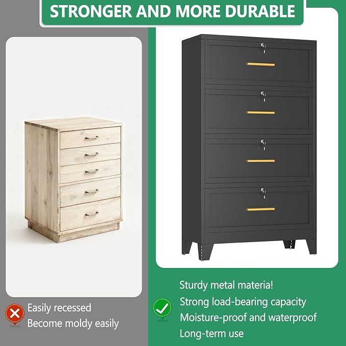Metal Lateral File Cabinet with Lock,4 Drawer Steel Wide Filing Organization Storage Cabinets,Office Filing Cabinet for Letter/A4/F4 Size with Hanging Files&Key,Lockable Cabinets for Home Office