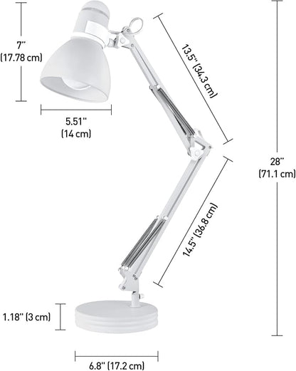 Globe Electric 52024 28" Swing Arm Architect Desk Lamp, Matte White, Rotary Switch on Shade, Partially Adjustable Arm, Modern Lighting for Bedroom or Office, Timeless, Indoor Lights