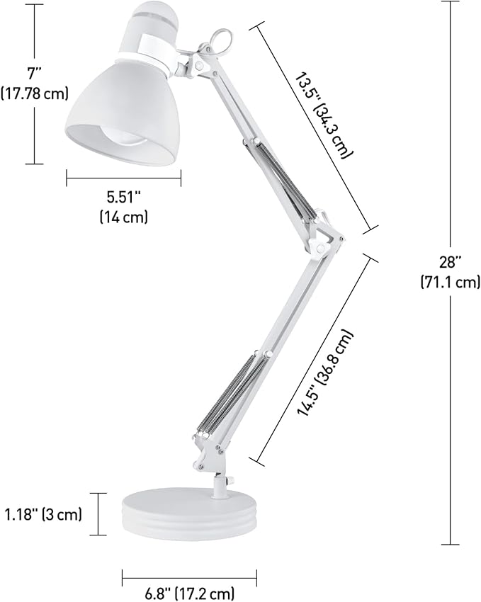 GLOBE Electric 52024 28" Swing Arm Architect Desk Lamp, Matte White, Rotary Switch on Shade, Partially Adjustable Arm, Modern Lighting for Bedroom or Office, Timeless, Indoor Lights(Pack of 2)