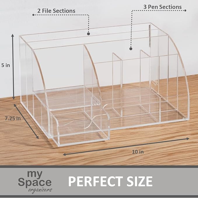 My Space Organizers Clear Acrylic Desk Oganizer, 9 Compartments, Office Supplies and Desk Accessories Organizer, Home Decor Desktop Organizer (Clear)