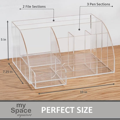 My Space Organizers Clear Acrylic Desk Oganizer, 9 Compartments, Office Supplies and Desk Accessories Organizer, Home Decor Desktop Organizer (Clear)