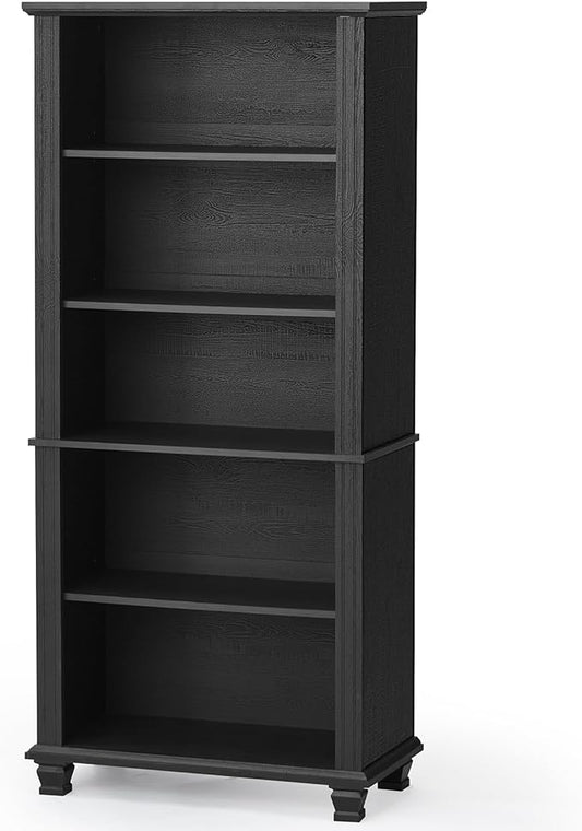 SAVOR LIFE 70" Tall Black Bookshelf,5 Tier Wooden Book Shelf with Adjustable Shelves & Wood Legs,Free Standing Farmhouse Bookcase with Open Display Storage,Vintage Bookshelves for Living Room,Office