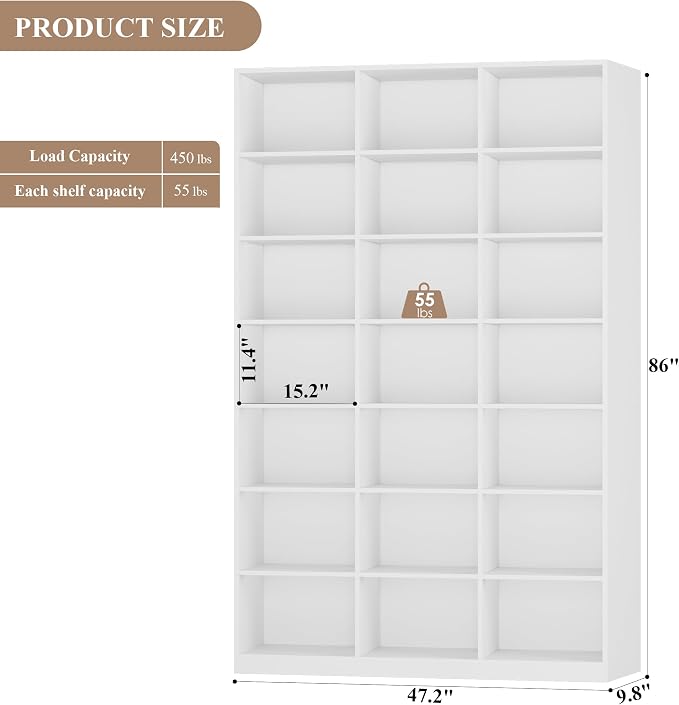 HOSTACK 86" H Triple Wide Bookshelf and Bookcase, 7 Tier Tall Bookshelf with Storage, Large Bookcase with 21 Open Display Storage Shelves, Wood Book Shelf Media CD DVD Storage for Living Room, White