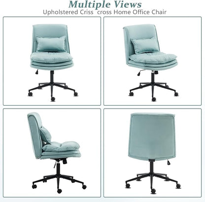 VINGLI Cloud Criss Cross Legged Chair,18" High Back Armless Home Office Desk Chair with Wheels,Wide Adjustable Comfy Padded Seat Task Computer Chair,Modern Swivel Makeup Vanity Chair,Microfiber,Blue