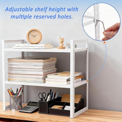 2 Tier Metal Desk Shelf Organizer, Height Adjustable Countertop Shelf for Study Room, Home Office, Multipurpose Storage for Books, Files, Stationery and Desk Essentials