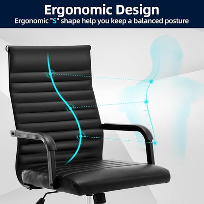 Office Chair, Ergonomic Executive Conference Room Chairs, Ribbed Leather Desk Chair with Lumbar Support, Adjustable Height Mid-Back Swivel Chair with Padded Seat and Square Tube Armrests