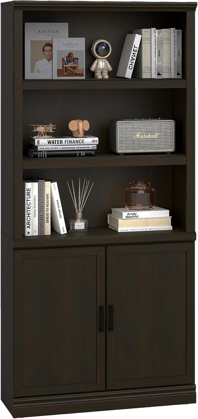 blini 5 Shelf Tall Bookcase with Doors Cherry Wood Bookshelf 31in Wide Display Standing Storage Shelf 72in Tall Wood Book Shelves for Bedroom Living Room Office Library