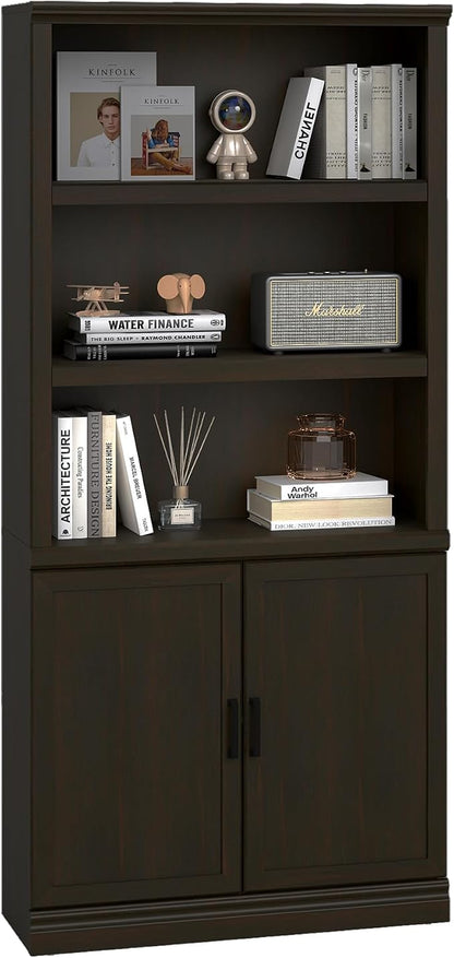 blini 5 Shelf Tall Bookcase with Doors Cherry Wood Bookshelf 31in Wide Display Standing Storage Shelf 72in Tall Wood Book Shelves for Bedroom Living Room Office Library