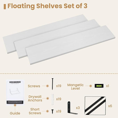 Heimlove Floating Book Shelves for Wall,35.4 Inches Long Wall Mounted Bookshelves,Heavy Duty Bracket Shelves for Living Room Kitchen,Laundry Room Storage & Decor,Set of 3,White