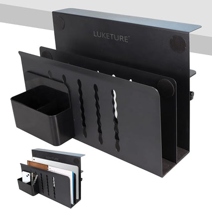 LUKETURE Desk Side Storage, 2 Tie Laptop Holder No Drill Clamp On Organizer | Steel Side Desk Organizer, Clamp on Laptop Mount with Pen Holder, Hanging Storage for Home Office, Fits 0.3" to 2.8"