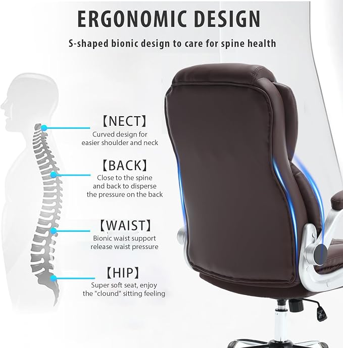 Leather Executive Office Chair, Big and Tall High Back Ergonomic Desk Chairs with Wheels, 90-120° Rocking Managerial Home Computer Chairs with Flip up Arms and Lumbar Support, Dark Brown