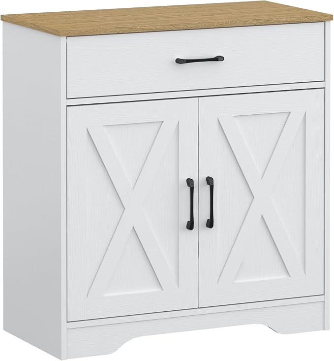 Panana Wooden Cabinet 1 Drawer and 2 Doors Storage Cupboard Coffee Bar Sideboard Farmhouse Entryway Organizer Console (White)