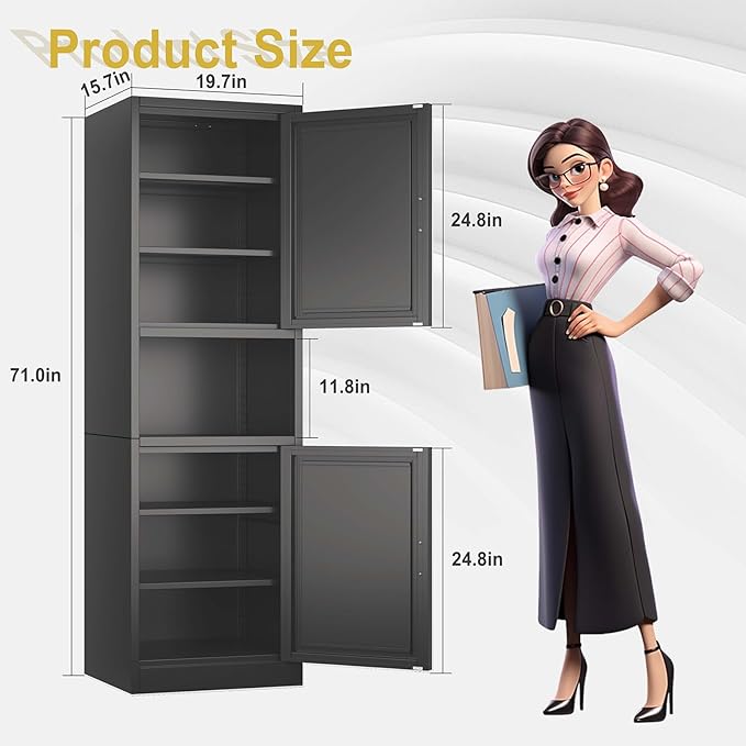 pozdeg 67" Tall Narrow Storage Cabinet, Metal Bathroom Cabinet with 2 Doors & 4 Adjustable Shelves, Freestanding Slim Pantry Organizer for Bathroom Kitchen Living Room (Black)