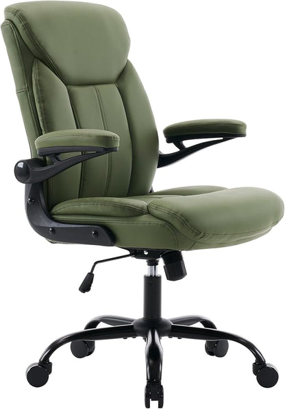 Home Office Ergonomic Desk Chair - Comfy Leather Executive Chair with Flip-Up Armrests, Height Adjustable Computer Chair for Gaming, 360° Swivel & Rocking (Green)