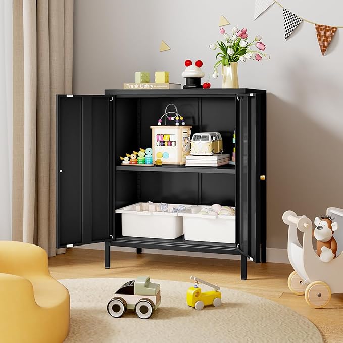 2 Door Metal Accent Storage Cabinet-Locker Cabinet for Office Room,Garage-Metal Storage Cabinet with 1 Adjustable Shelves (Black)