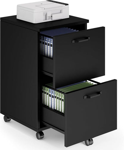Sweetcrispy 2-Drawer Rolling File Cabinet, Wood Under Desk Storage with Lockable Wheels, Mobile Printer Stand & Home Office Organizer for Documents and Office Supplies, Black