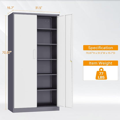 STANI Metal Garage Storage Cabinet with Lock, 71" Steel Lockable File Cabinet, Locking Steel Storage Shelf with 5 Adjustable Shelves for Home, Office, Warehouse, Garage, School (White+Grey)