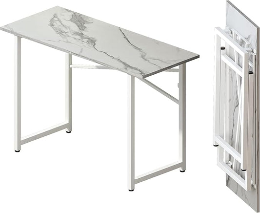 Lutown-Teen 47 inch Folding Desk No Assembly Required, Writing Gaming Computer Camping Table, Home Office Desk, White Marble