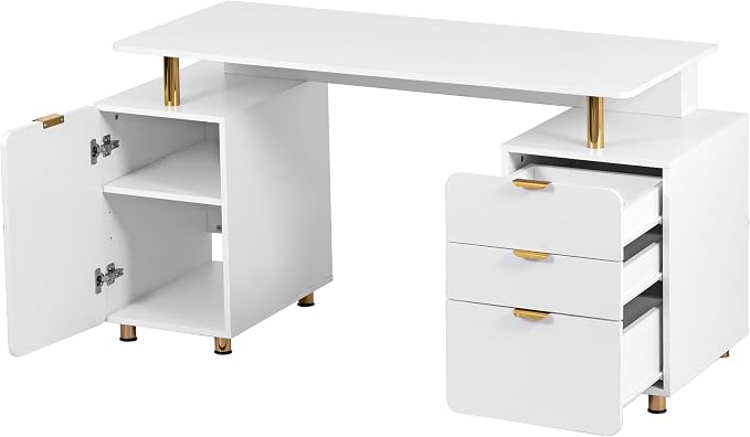 Elegant 57" W Executive Desk with 3 Drawers and Storage Cabinet, Modern Office Desk with Gold Accents, Floating Work Surface, Closed Storage with Ventilation & Adjustable Shelf (White,Gold)