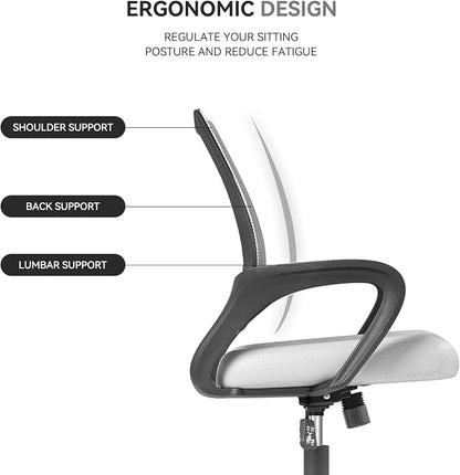 Office Chair, Ergonomic Mid-Back Mesh Desk Chair with Lumbar Support, Adjustable Height Computer Chair with Rolling Wheels Design,Comfy Armrest for Work, Study, Gaming, 2 Pack, White