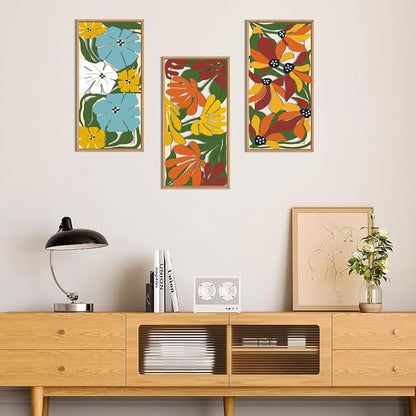 IARTTOP Boho Floral Wood Wall Art Framed 8x16 Inch Set of 3 Minimalist Botanical Plant Wooden Wall Decor Colorful Mid-century Modern Flower Artwork for Living room Bedroom Office