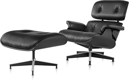 Mid Century Chaise Lounge Chair with Ottoman Genuine Leather High-Resilience Foam Cushions Modern Ergonomic Design for Living Room Study Lounge Office Black Ash Wood and Black Lather