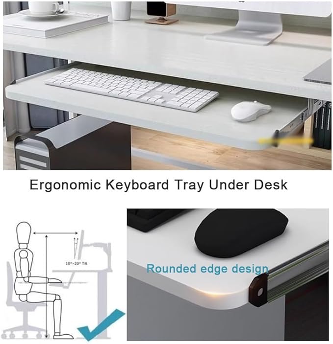 Keyboard Tray Under Desk Slide 24" 28", Pull Out Keyboard Drawer Ergonomic Keyboard Shelf, Hidden Computer Drawer Underdesk(White,60 * 24cm)