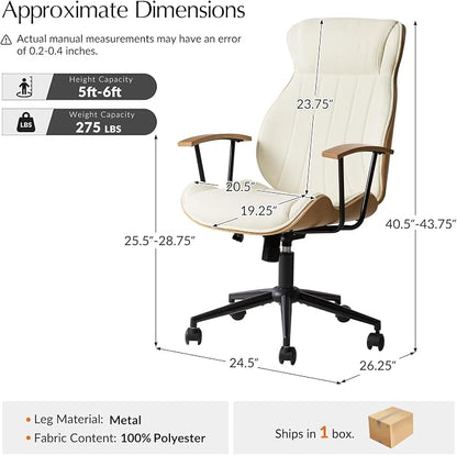 HULALA HOME Solid Wood Office Chair with Tilt Function, Mid Century Modern Bentwood Desk Chair with High Backrest, Height Adjustable Swivel Fabric Computer Task Chair, Ivory