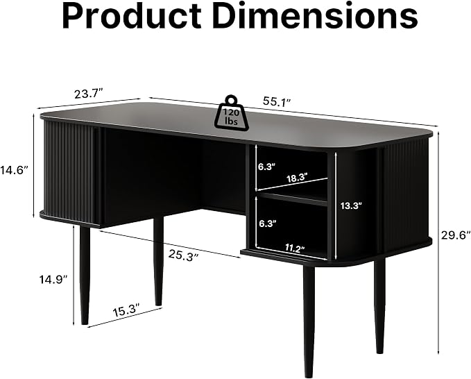 MAISONARIA 55" Modern Writing Desk with Storage, Wood Home Office Desk with Sliding Doors, Computer Desk for Home Office, Dorm, Living Room, Home Study Table, Black