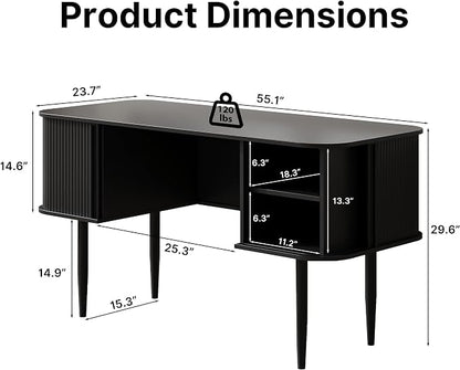MAISONARIA 55" Modern Writing Desk with Storage, Wood Home Office Desk with Sliding Doors, Computer Desk for Home Office, Dorm, Living Room, Home Study Table, Black