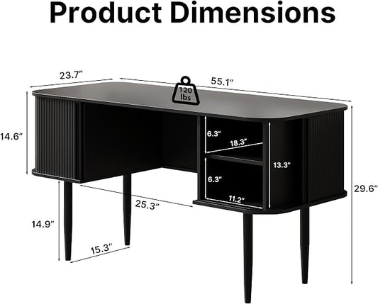 MAISONARIA 55" Modern Writing Desk with Storage, Wood Home Office Desk with Sliding Doors, Computer Desk for Home Office, Dorm, Living Room, Home Study Table, Black