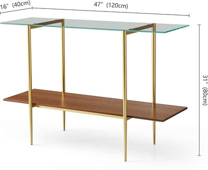 LumFurn Extra Large Glass Console Table for Living Room, Foyer & Entrance, L47 x W16 x H31, Mid-Century Modern Sofa Table with Clear Glass Top, Walnut Finish Wood Top and Gold Finish Metal Frame