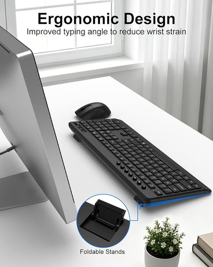 EDJO Wireless Keyboard and Mouse Combo, Silent Full-Sized 2.4GHz Wireless Keyboard and Adjustable DPI Mouse with USB Receiver, Auto-Sleep, for Laptop, Computer, PC