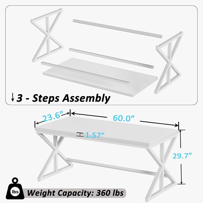 IBF Modern White Computer Desk, Industrial Long Home Office Desk for Student, Large Metal Wood Writing Study Work Desks, Farmhouse Executive Gaming Computer Table for Bedroom Living Room, White, 60 In