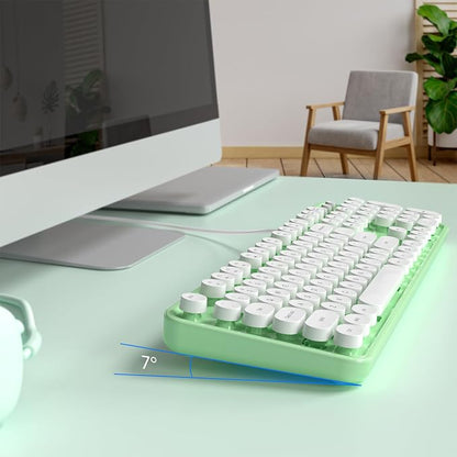 MOWUX Computer Keyboard Wired, Plug and Play USB Retro Round Typewriter Keyboard, Full Size Wired Keyboard with Foldable Stands for Laptop and Office PC- Green