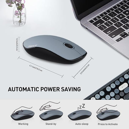 FOPETT 2.4GHz Wireless Keyboard and Mouse Set with Switch Button - Full-Size Keyboard - Compatible for Windows/Laptop/PC/Notebook/Smart TV and More - Grey Colorful