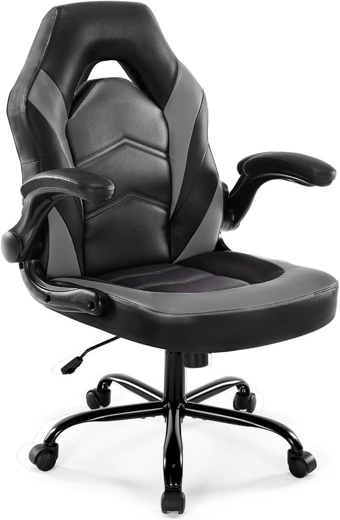 DUMOS Computer Game Desk Chair - Ergonomic PU Leather Lumbar Support, Height Adjustable High Back Video Game with Flip-up Armrest, Rolling Swivel for Adults, Deep Grey