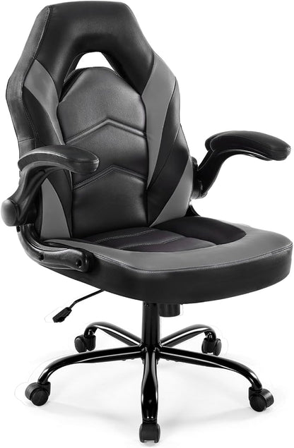 DUMOS Computer Game Desk Chair - Ergonomic PU Leather Lumbar Support, Height Adjustable High Back Video Game with Flip-up Armrest, Rolling Swivel for Adults, Deep Grey