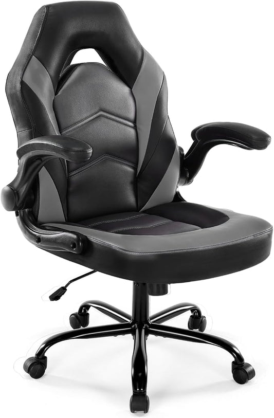 DUMOS Computer Game Desk Chair - Ergonomic PU Leather Lumbar Support, Height Adjustable High Back Video Game with Flip-up Armrest, Rolling Swivel for Adults, Deep Grey