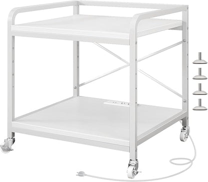 METYERRY Under Desk Printer Stand with Power Outlet,2 Tier Large Printer Table with Adjustable Shelf,Rolling Printer Cart with Industrial Wheels for Home Office,20"×20" White
