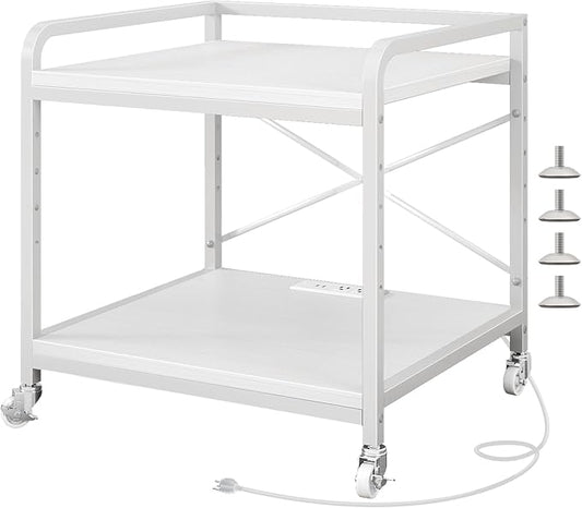 METYERRY Under Desk Printer Stand with Power Outlet,2 Tier Large Printer Table with Adjustable Shelf,Rolling Printer Cart with Industrial Wheels for Home Office,20"×20" White