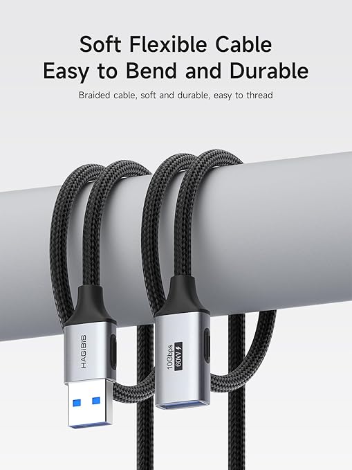Hagibis USB Extension Cable, USB Extender, Braided 10Gbps USB 3.2 Type A Male to Female Cord Compatible with Webcam, Keyboard, Mouse, PlayStation, Xbox, Flash Drive, Printer, Camera (1.6FT)