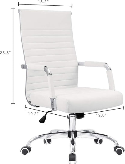 KaiMeng Ribbed Office Desk Mid Back Computer Chair Height Adjustable Conference Executive Task Swivel PU Leather (White)