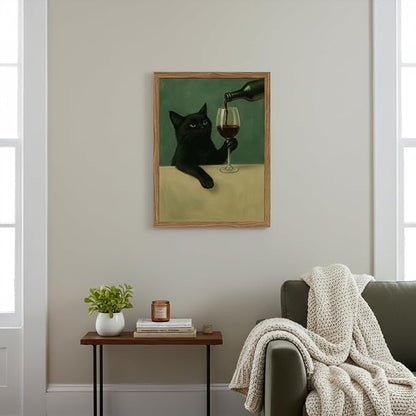 Funny Black Cat Wall Art 12x16 Inch Moody Black Cat with Wine Glass Canvas Wall Decor Whimsical Animal Bar Cart Poster Canvas Prints for Bathroom Kitchen Bar Wood Framed