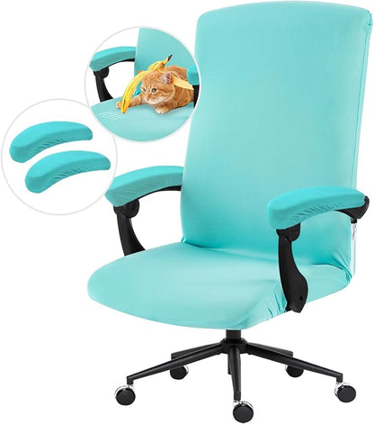 Stretch Computer Office Chair Cover with Armrest Covers Durable Zipper Universal Washable Removable Spandex Rotating Boss Chair Slipcovers Anti-dust Soft Desk Chair Seat Protector, Tifanny Blue